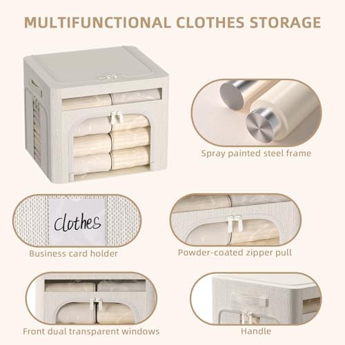 FHSQX 6 Pack Foldable Storage Bins for Clothes Clothes Storage Bins with Metal Frame Stackable Storage Box with Lid (Cream White, 16.5x12.2x12.2 inch (40L)) - Image 3