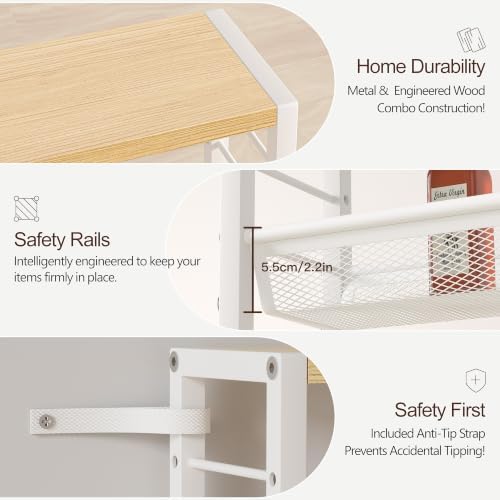 Slim Rolling Cart, 4-Tier Narrow Kitchen Storage Cart, Slim Utility Cart on Wheel, Skinny Bathroom Storage cart with Wood Tabletop, 6.0" Deep, for Kitchen, Living Room, Laundry Room, White - Image 6