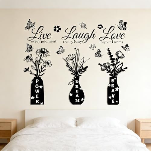 Live Laugh Love Wall Decal - Inspirational Quote with Floral Vase & Butterfly Stickers, Power Dream Brave Vinyl Wall Art for Living Room, Bedroom, Entryway, Home Decor - Image 5