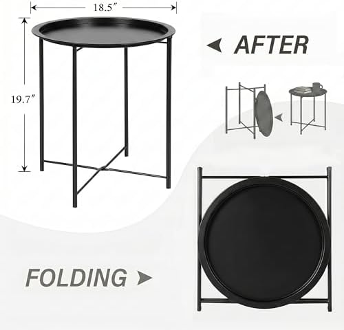 VECELO Side/End Table, Folding Round Metal Anti-Rust and Waterproof Outdoor or Indoor Tray for Living Room Bedroom Balcony and Office, 1 PCS, Black - Image 3