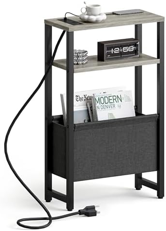 Narrow Side Table with Charging Station Slim End Table Sofa with Magazine Rack, Bedside Table for Small Spaces, 3 Tier Nightstand for Living Room Couch, Bedroom Oak Grey LET503QE by IRCPEN