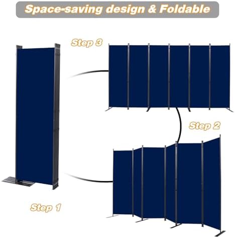 Room Divider, 6 Panel Folding Privacy Screens with Wider Feet, Navy Blue - Image 5