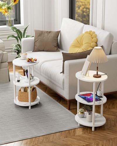 Small Round Side Table - 3-Tier Oval Accent Table for Small Spaces, Rustic Wood and Metal Nightstand for Living Room or Bedroom, with Built-in USB Ports and Power Outlet, Marble White - Image 6