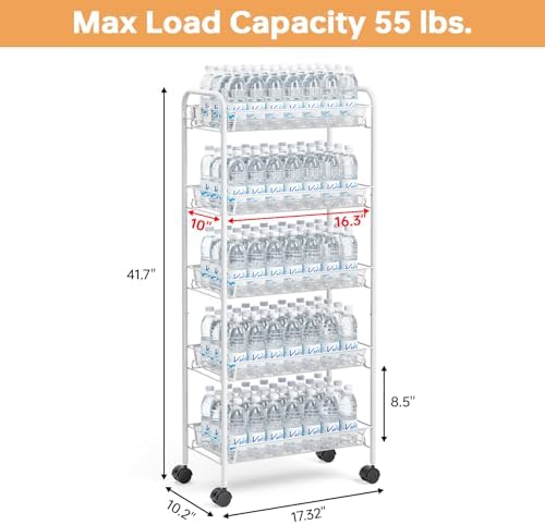 TOOLF 5 Tier Rolling Cart, Metal Utility Storage Cart with Wheels, White | 3 Hooks, Screwless Assembly, Trolley Organizer for Bathroom, Kitchen, Office, Nursery, Dorm, Laundry Room - Image 6
