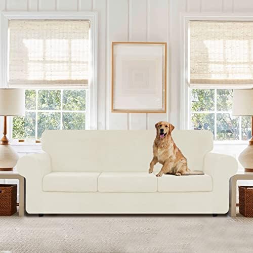 WEERRW 4 Pieces Couch Cover for Sofa Velvet Sofa Covers Washable, Ivory - Image 2