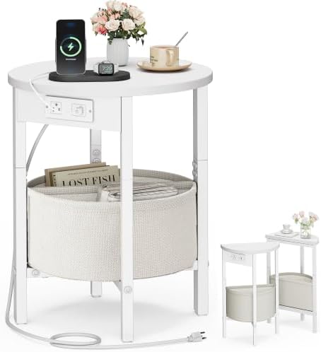 VAGUSICC Round Side Table with Charging Station, Small Round Accent End Table with Fabric Basket, Set of 2 Half Moon Tables Coffee Table, Bedside Table, Modern Nightstand for Living Room Bedroom,White by Vagusicc