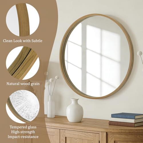 WallBeyond Round Wood Mirror, 32" Round Modern Decoration Large Circle Wall Mirror for Bathroom Living Room Bedroom Entryway, Natural - Image 4