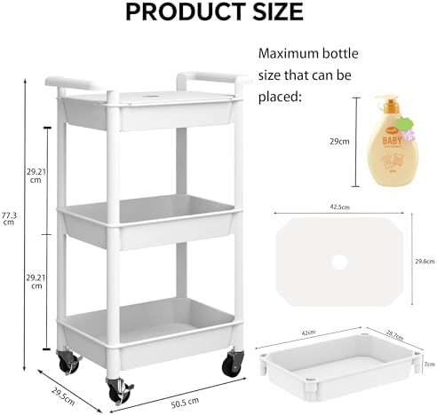 Steehoom 3-Tier Utility Rolling Cart with Cover Top Board, Mobile Utility Cart with Lockable Casters Multi-Functional Storage Trolley for Office, Bathroom, Kitchen, Garden, Laundry Room (White) - Image 3