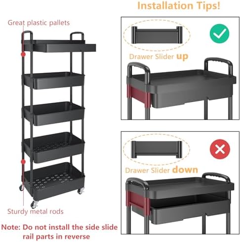 Calmootey 5-Tier Utility Cart with Drawer & Wheels, Storage for Home,Office - Image 6