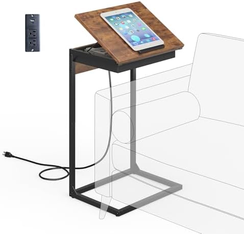 sthmec C Shaped End Table with Charging Station, 45° Tiltable Adjustable Flip Top Table with Storage,Small C Table for Small Spaces,Slide Under Couch Sofa Bedside Table for Living Room,Rustic Brown by Unknown