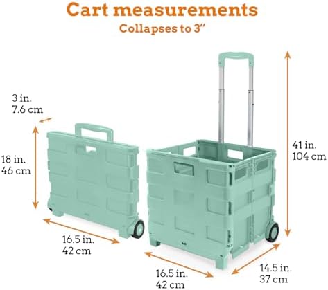 Inspired Living Ultra-Slim Rolling Collapsible Storage Pack-N-Roll Utility-carts, with Telescopic Handle, for Home, Garden, Shopping, Office, School use, Large, Mint - Image 2