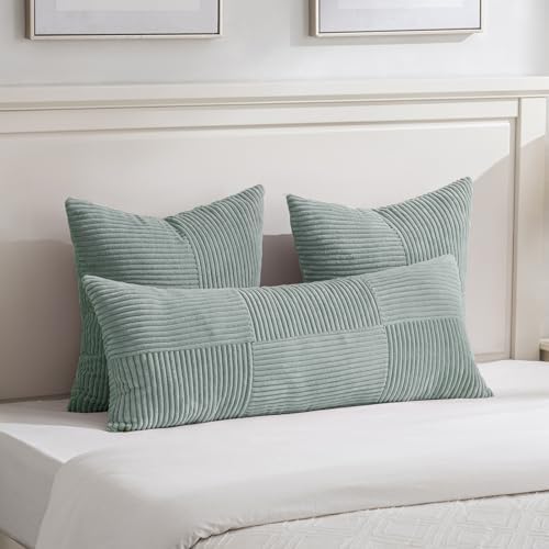 Fancy Homi 2 Packs Grey Blue Euro Decorative Throw Pillow Covers 26x26 Inch for Couch Bed Sofa, Rustic Farmhouse Boho Home Decor, Soft Corss Corduroy Patchwork Textured Square Cushion Case 66x66 cm - Image 5