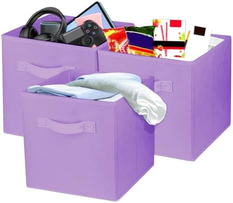 3 Pcs Storage Cubes, 10.5 Inch Collapsible Storage Bins, Fabric Foldable Bins for Organization, Durable Storage Bins for Closet, Shelves, Offices (Light Purple) by Zuihug