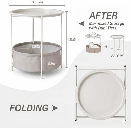 VECELO Round Side/End Table with Fabric Storage Basket，Metal Anti-Rust and Waterproof Small Bedside Nightstand with Removable Tray Top for Living Room，Balcony & Laundry，Beige/1pcs with Basket - Image 3