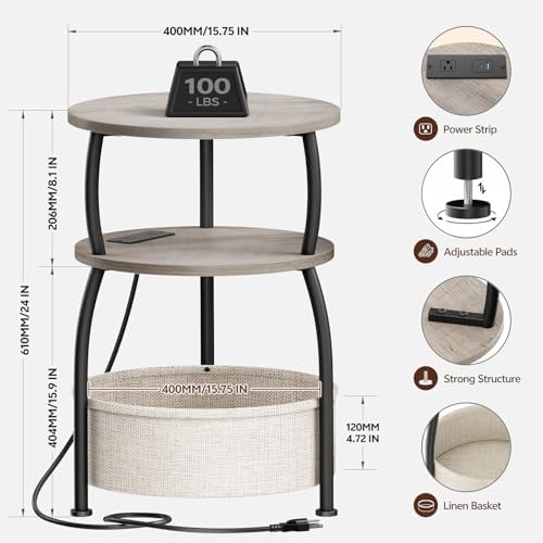 Round Side Table with Charging Station, USB Type C Port, Greige - Image 3