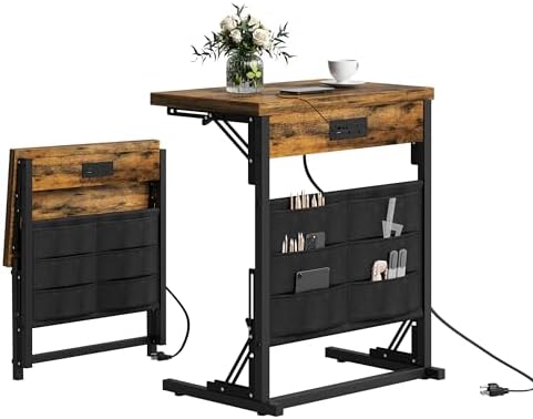 Foldable C-Shaped Table with Charging Station, Folding TV Tray End Table for Small Space, Portable Side Table for Couch, C Table with Storage Bag for Sofa Living Room, Bedroom Rustic Brown SC-005R by Unknown