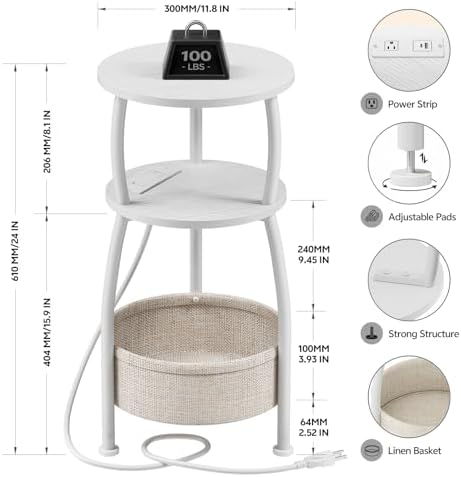 Side Table with Charging Station, Small Round End Table with Basket - Image 3