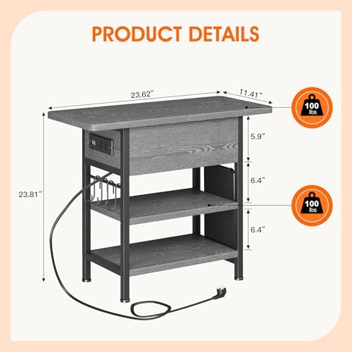 End Table with Charging Station, Flip Top Nightstand with USB Ports and Outlets,Couch Side Table with Fabric Bag and Hooks, Bedside Table for Space Saving, Living Room, Bedroom (Grey) - Image 3