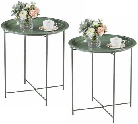 VECELO Side/End Table, Folding Round Metal Anti-Rust and Waterproof Outdoor or Indoor Tray for Living Room Bedroom Balcony and Office, 2 PCS, Dark Green by VECELO