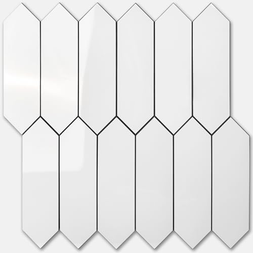 Vamos Tile 1 Sheet Glossy White Backsplash Tile Peel and Stick, 12.8 x 12.8 Inch Long Hexagon PVC Self Adhesive Mosaic Wall Tiles with Dark Gray Grout Stick on Backsplash for Kitchen and Bathroom by VamosTile