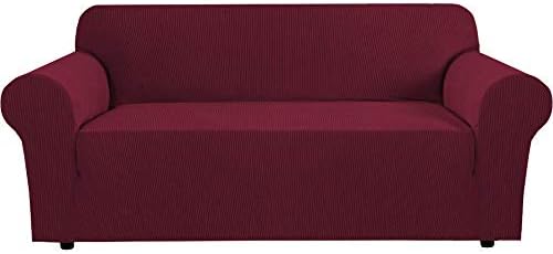 H.VERSAILTEX Stretch Sofa Covers for 3 Cushion Couch Covers Sofa Slipcovers for Living Room Feature Thick Checked Jacquard Fabric with Elastic Bottom, Sofa Large - Burgundy Red by HVERSAILTEX