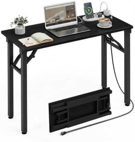 XBurmo Small Folding Desk Folding Table, No Assembly Foldable Desk Gaming Desk, 35.8-Inch Computer Table Workstation with 2 AC Outlets and 2 USB Ports for Bedroom and Home Office, Dark Oak by XBurmo