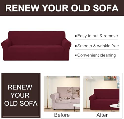U-NICE HOME Stretch Couch Cover Slipcover for 3 Cushion Sofa, Burgundy - Image 5