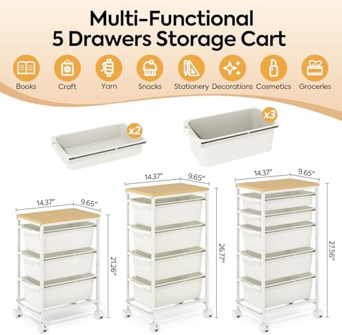 KINGBOARD Slim Rolling Cart with 5 Drawers, Metal Utility Storage Cart | Wooden Tabletop, Lockable Wheels, Table Side Trolley for Bedroom, Children's Room and Office Organization, White - Image 2
