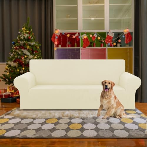 KEKUOU Stretch Couch Covers for Sofa, 3 Cushion Couch Slipcover,Beige - Image 2