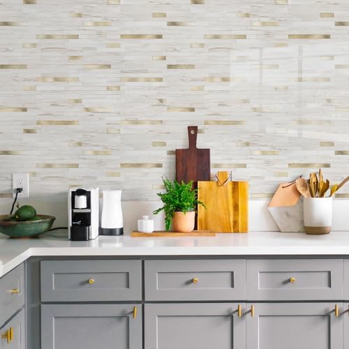 STICKGOO 20 Sheets Peel and Stick Backsplash Tile, Stick on Backsplash for Kitchen and Bathroom, Glossy Eurasian Wood Grain PVC Mixed Metal Gold Self Adhesive Wall Tiles - Image 5