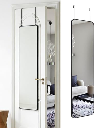 DMWOODFL 14"x48" Full Length Over The Door Mirror, Aluminum Alloy Frame Full Body Mirror with Height-Adjustable Hangers, Hanging Leaning Against Wall for Dorm Bathroom, Bedroom, Entryway Decor(Black) by DMWOODFL