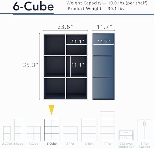 Homes: Inside + Out Apexa 6-Cube Storage Organizer Shelves, Stackable Wood Bookcase Fits Cubby Bins for Organization, Dorm Teen Room Decor & Home Office, Steel Blue - Image 3