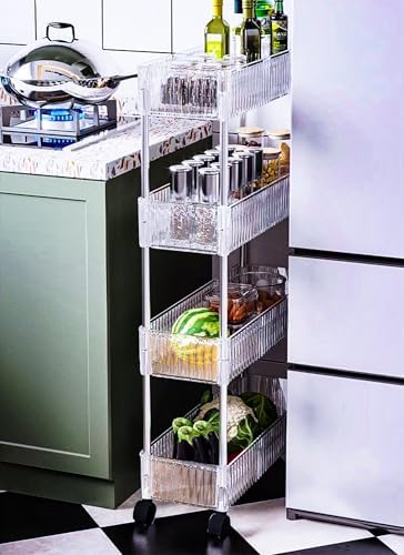 4-Tier Plastic Rolling Utility Cart with Wheels, Multifunctional Storage Organizer Cart for Home, Office, Kitchen & Bathroom, Narrow & Clear, 6.7”W * 12.8”L * 33”H by Unknown