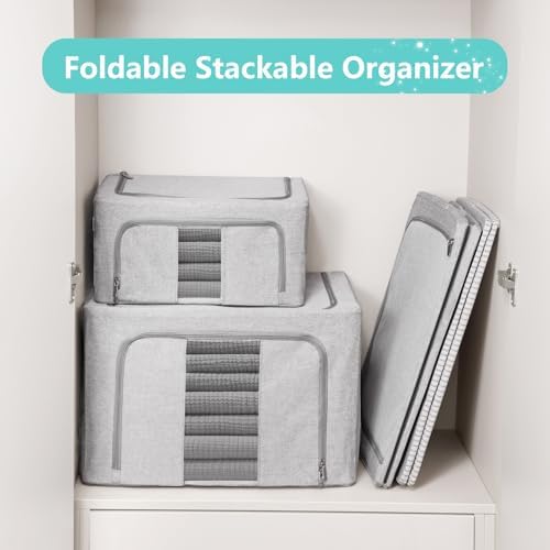 3 Pack Clothes Storage Bins, Foldable Metal Frame Storage Box with Lids,Stackable Linen Fabric Organizer Set with Carrying Handles,Zippers,and Clear Window (Grey, 66L) - Image 3