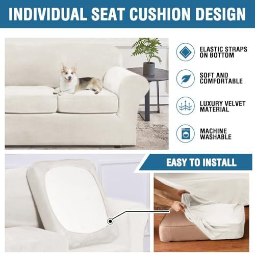 H.VERSAILTEX High Stretch Sofa Slipcover 4 Piece Cover Velvet Furniture Protector Form Fit Thick Velvet Extra Large Sofa Cover for 3 Cushion Couch Width Up to 97 Inch (Large Sofa, Porcelain White) - Image 6