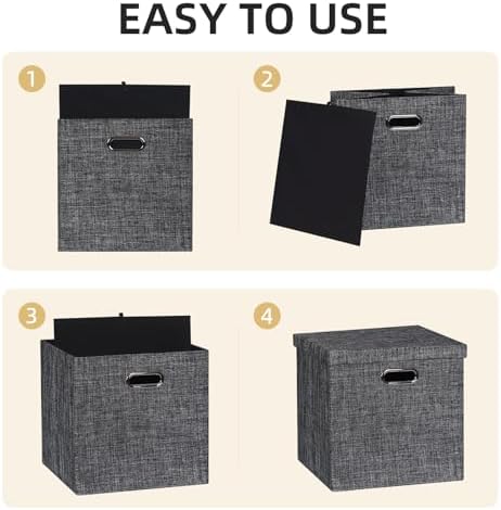 Posprica Storage Bins with Lids,13×13×13 Foldable Storage Cube Baskets Boxes Fabric Drawers for Closet Shelf Cabinet Bookcase,Set of 4,Black - Image 3