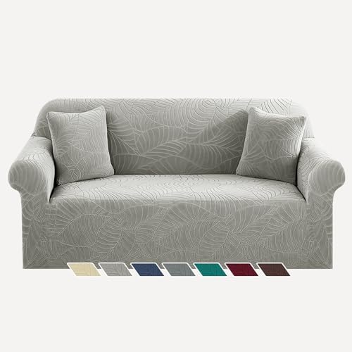 YEMYHOM Couch Cover Latest Jacquard Design High Stretch Sofa Covers for 2 Cushion Couch, Pet Dog Cat Proof Loveseat Slipcover Non Slip Elastic Furniture Protector (Medium, Begonia Leaf Light Grey) by YEMYHOM