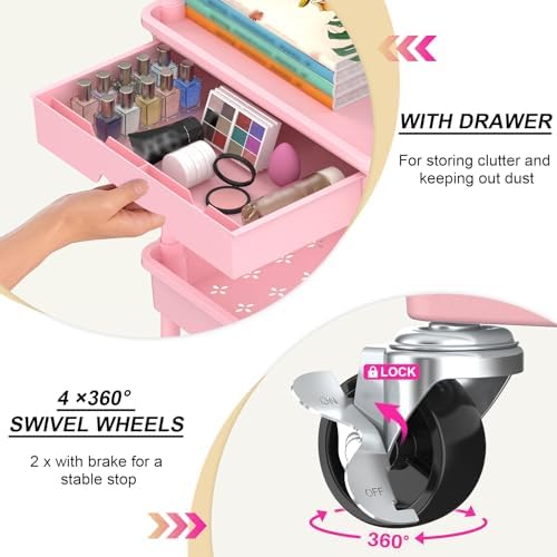 Goovilla 3 Tier Rolling Utility Cart Organizer with Removable Drawer, Pink - Image 2