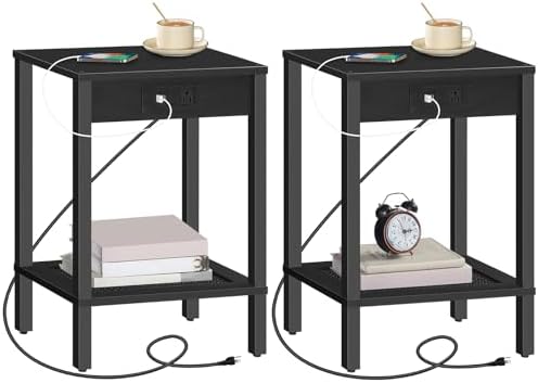HOOBRO Side Table with Charging Station, Set of 2 End Table with USB Ports and Outlet, Nightstand with 2-Tier Storage Shelf, Faux Rattan Decoration, for Small Space, Black BK91UBZP201 by HOOBRO
