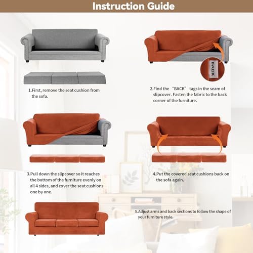 WEERRW 4 Pieces Couch Cover for Sofa Velvet Sofa Covers Washable, Pumpkin - Image 6