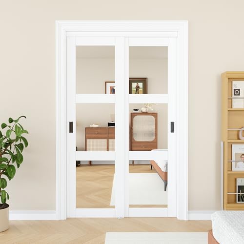 Bypass Mirrored Closet Door 48" x 80", 3-Lite Mirror Sliding Doors for Bedroom with Hardware Kit & Floor Guide, Paintable Interior Door Pre-Drilled for Easy Assembly - Image 4