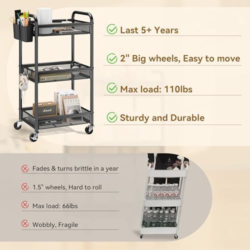 YASONIC 3 Tier Metal Rolling Cart, Black Utility Storage Cart with Wheels - Image 3