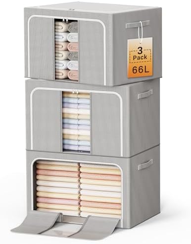 Clothes Storage Bins with Metal Frame Foldable Storage Box Clothes Organizers Storage Containers for Clothes Sheets Blankets Books Toys Gifts and Holiday Decorations (66Lx3 Pack) by LeArex