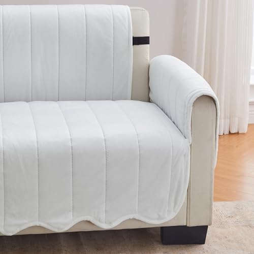 Great Bay Home Velvet Loveseat Cover - Washable Slipcover Furniture Protector with Elastic Straps - Furniture Cover for Dogs, Kids, and Pets - Stitched Detail (White) - Image 4