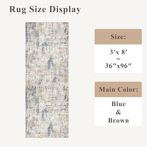3x8 Washable Non-Slip Runner Rug Modern Abstract Neutral Wide Carpet Runner for Kitchen, Hallway, Entryway, Bathroom, Bedroom Low-Pile Thin Floor Mat (Blue Brown) - Image 2
