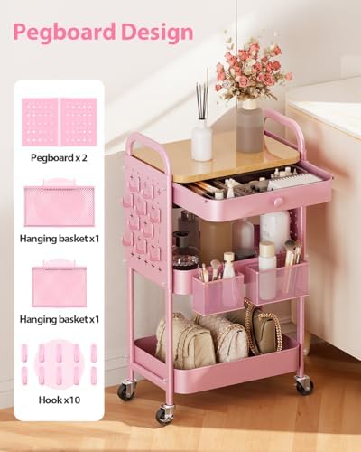 ALVOROG 3 Tier Metal Rolling Cart with Drawer,Wood Top,Pegboards,Pink - Image 4