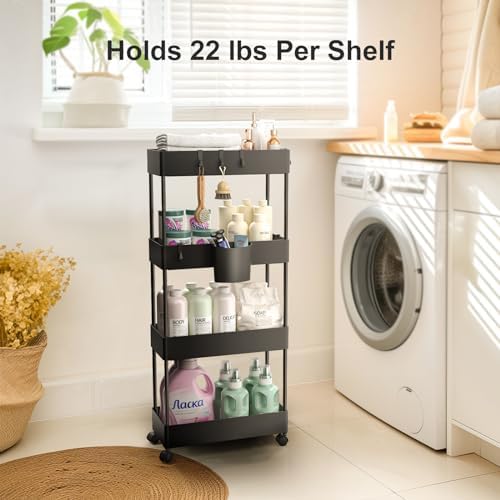 Pipishell 4 Tier Slim Storage Cart with Wheels, Laundry Cart, Black - Image 3