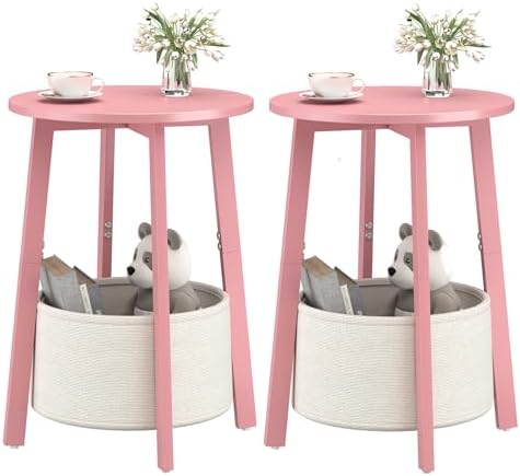 sthmec Small Round Side End Table Set of 2 with Cloth Storage Basket, Round Bedside Sofa Couch Coffee Tables for Small Places with Metal Frame, Modern Nighstands for Living Room Bedroom,Pink by Unknown
