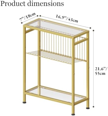 Glass Side Table, Tempered Glass End Table, 3-Tier Narrow Side Table with Magazine Holder, Small Nightstand with Modern Style, Skinny Snack Table in Living Room, Bedroom Study and Balcony, Gold - Image 3