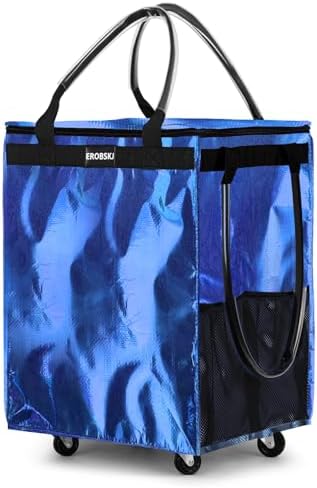 Medium Blue Reusable Grocery Bag on Wheels, Foldable Rolling Tote Bag, by EROBSKJ